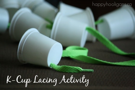 k-cup lacing activity with shoelaces