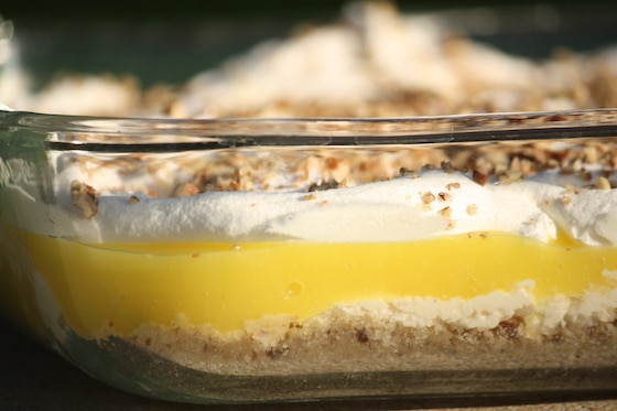 layered lemon delight in baking dish