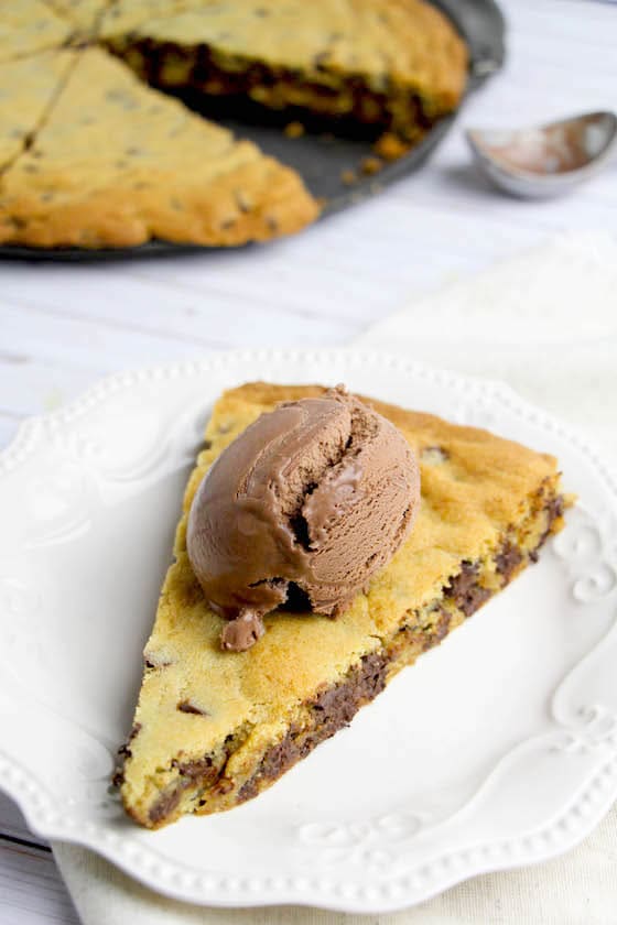 Chocolate Chip Pizza cookie slice with scoop of chocolate chip ice cream