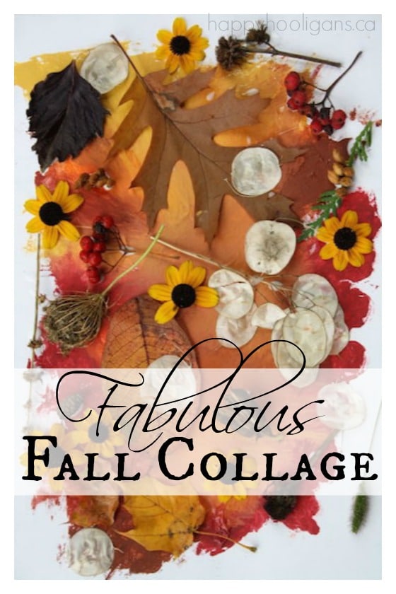 Toddler made fall collage with leaves and flowers