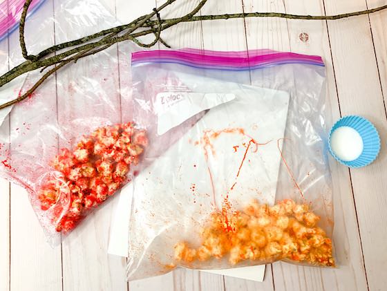 dyeing popcorn in bags with tempera paint
