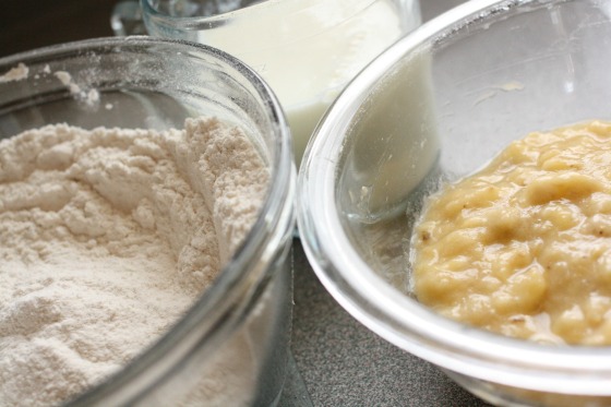 Flour, mashed bananas and milk for banana cake recipe
