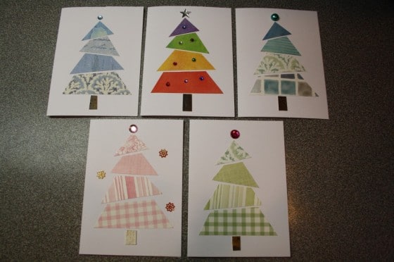 various christmas tree cards made from wallpaper samples