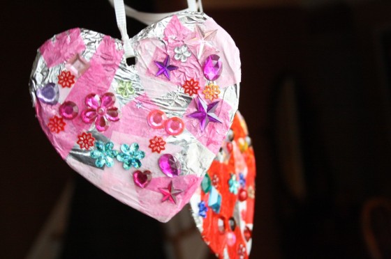 tin-foil hearts with gems glued on