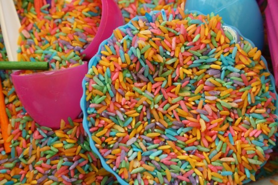 colourful rice sensory bin