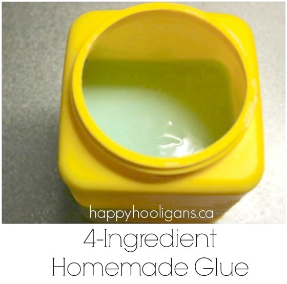 homemade glue tinted blue in yellow container