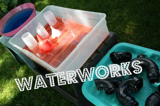 waterworks science activities with coloured water, funnels and pvc pipes