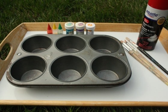 muffin tin, shaving cream, food colouring, paintbrushes