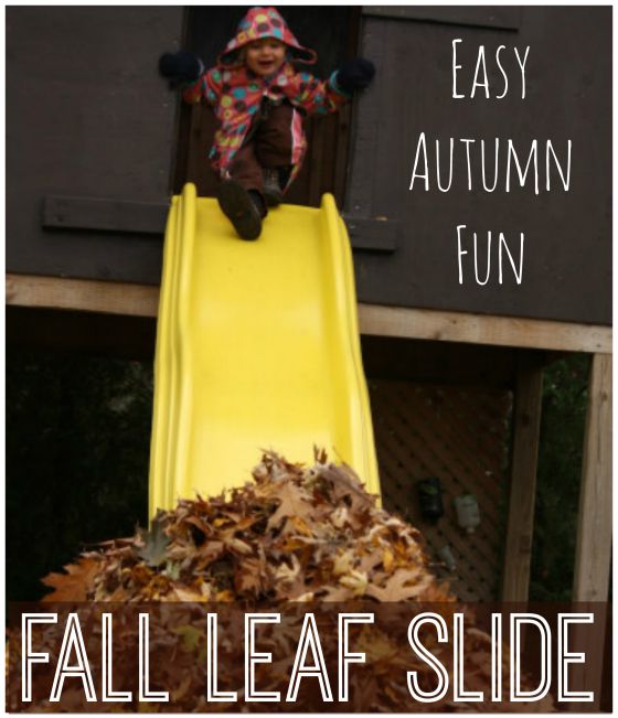 little girl playhouse slide, pile of leaves