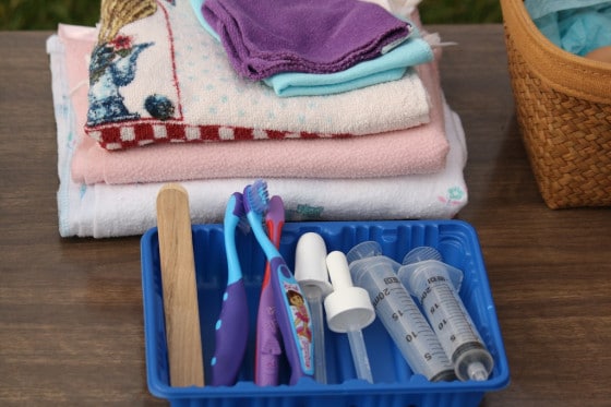 small towels and facecloths, syringes, tongue depressors, toothbrushes and droppers