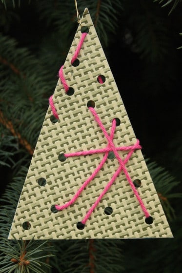 lacing tree ornament - wool and wall paper samples