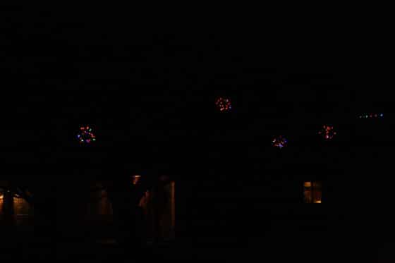 lighted christmas balls in our front tree