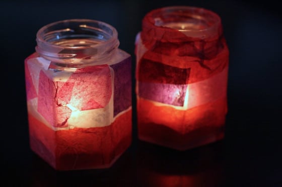 Valentine's Votives in the dark illuminated with candle