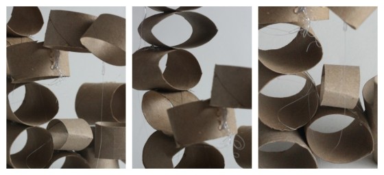 3 toilet roll structures made by preschoolers with glue guns