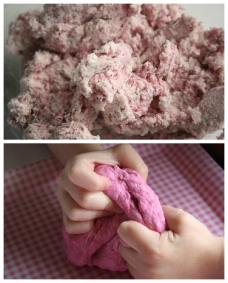 making strawberry playdough with hair conditioner