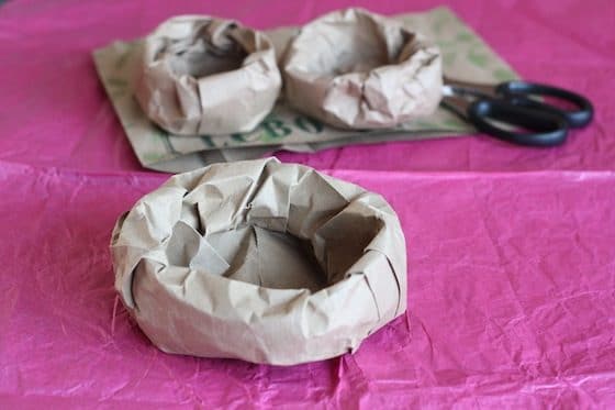 3 birds nests made from paper bags