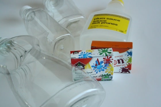 clear squeeze bottles and food colouring for colour mixing activity