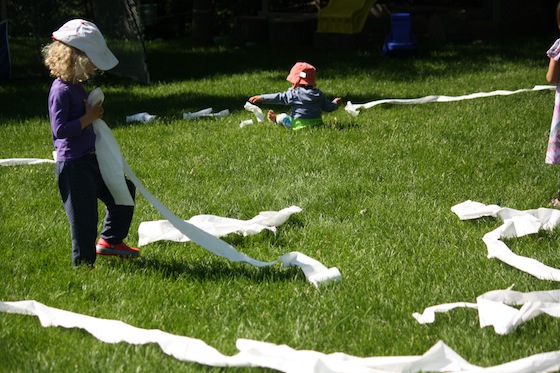 pulling the toilet paper off the rolls, to make fairy mud