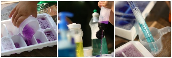 pouring, squeezing and transferring coloured water duign science play