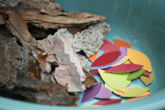 a bowl of bark and paint chip "leaves"