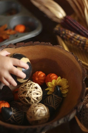 gourds, flowers and decorative balls and bowls on a Fall sensory table