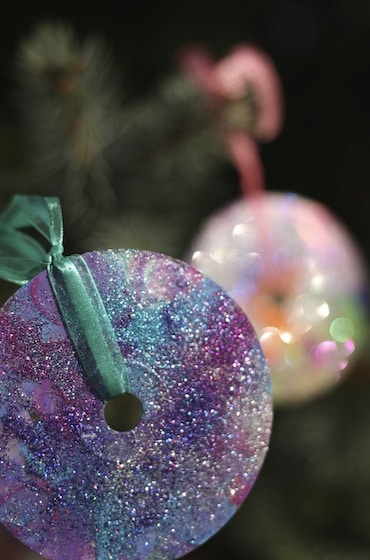 painted, glittered cd ornaments