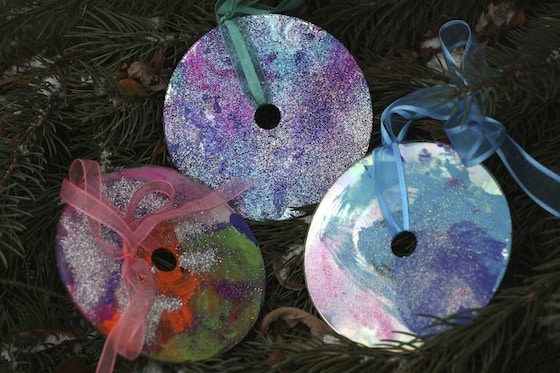 painted and glittered cd christmas ornaments