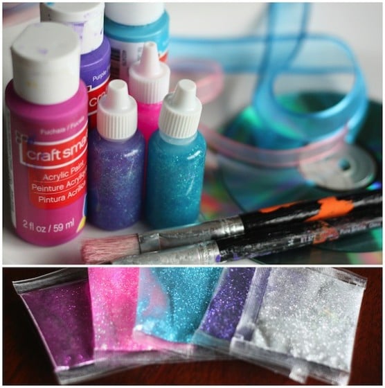 supplies for cd Christmas ornaments with paint and glitter
