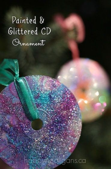 CD Christmas Ornaments with paint and glitter