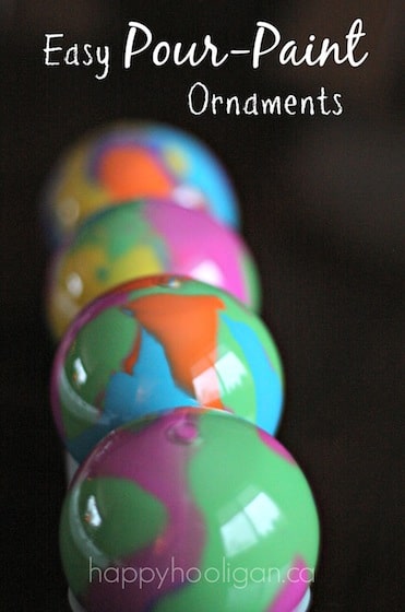 Pour Painted Christmas ornaments with clear balls and acrylic paint