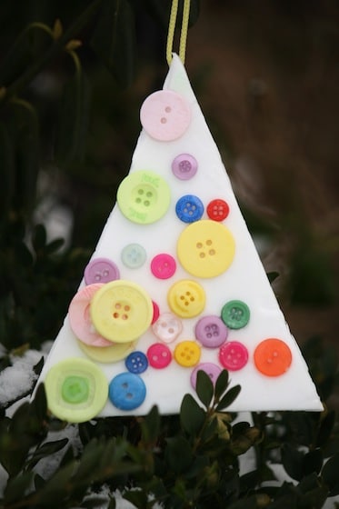 "Christmas Tree" styrofoam button ornament made by toddler