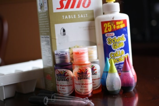 supplies for salt, glue and watercolour art