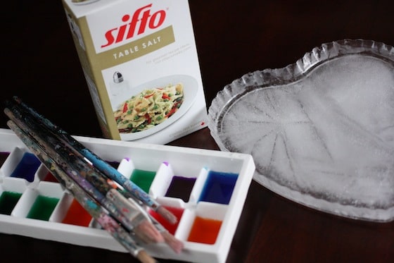 supplies for melting ice with salt and watercolours