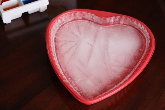 Ice frozen in heart shaped pan
