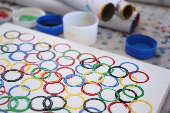 circles stamped on canvas in Olympic ring colours