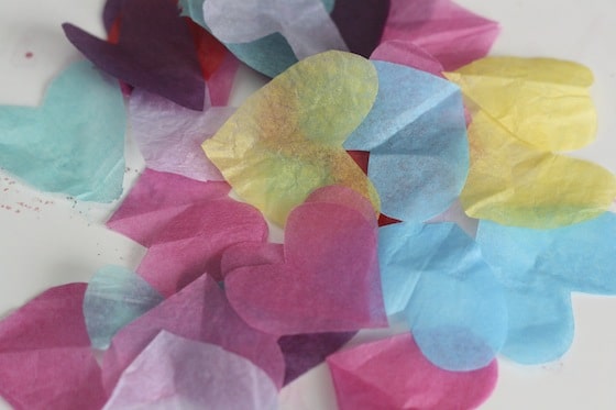 colourful tissue paper hearts for tissue paper stained glass window