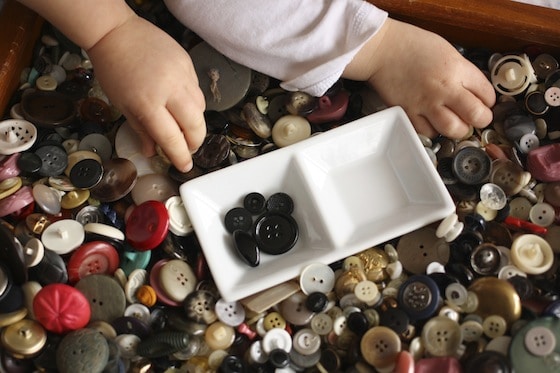 toddlers sorting black buttons for their ladybugs
