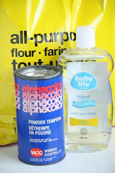 flour, baby oil and tempera paint powder