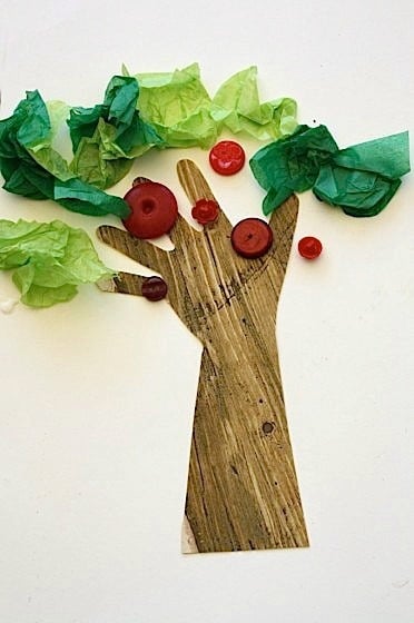 handprint apple tree craft with tissue paper and buttons