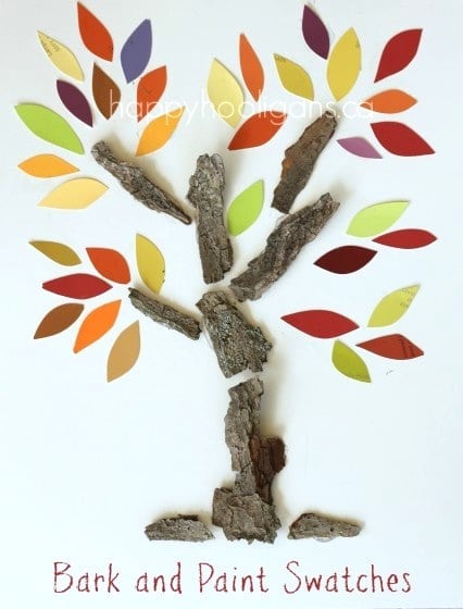 Fall tree crafts with tree bark and paint swatches