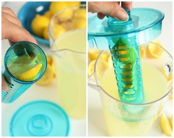 infuser pitcher filled with lemon wedges and fresh-squeezed lemonade