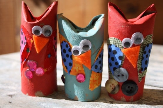 toilet roll owls with fabric scraps