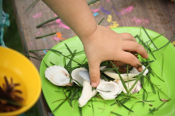 toddler tea party with items from nature