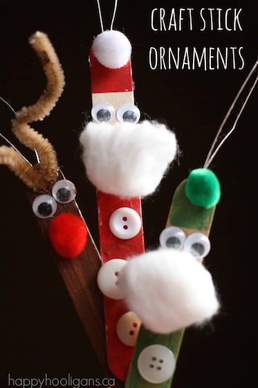 Santa, elf and reindeer ornaments made with popsicle sticks