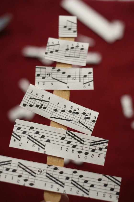 Tree ornament with sheet music and craft sticks