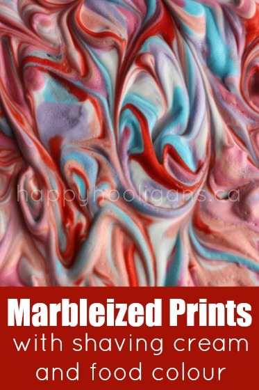 marbleized print making with shaving cream and food colouring 