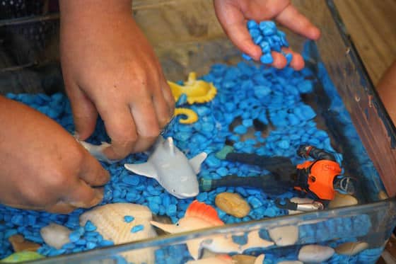 preschooler's hands in miniature ocean sensory bin