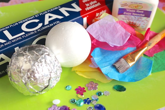 tin foil, craft gems, tissue paper, styrofoam ball, paint brush