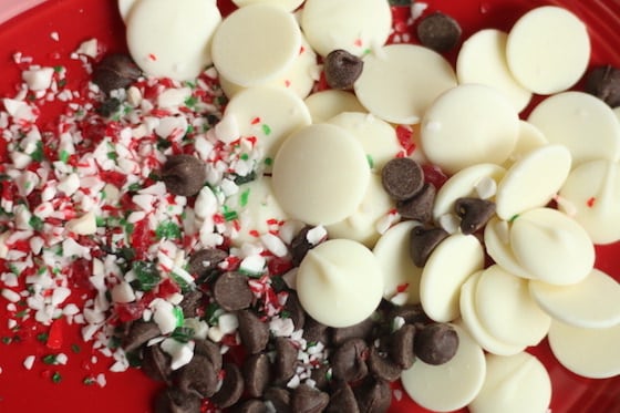 white candy melts, crushed candy canes and chocolate chips