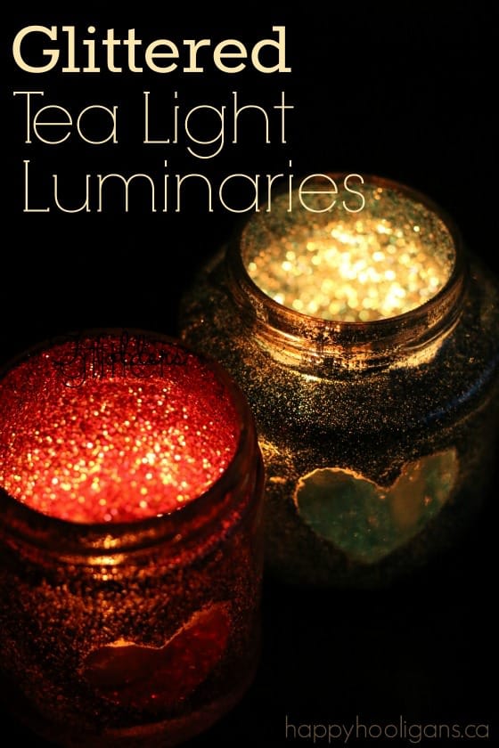 Glittered Tea Light Luminaries - an easy Valentines craft for Kids to Make - Happy Hooligans